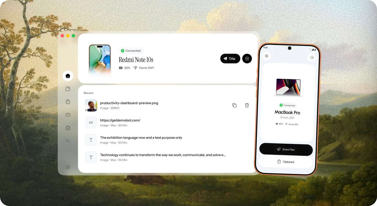 The Pairix Mac app connected to an Android phone, in front of a landscape painting.